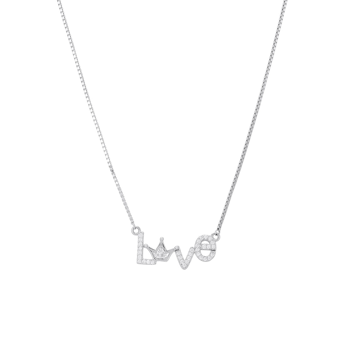 925 Sterling Silver Crowned LOVE Rhodium Plated Chain Pendant for Women
