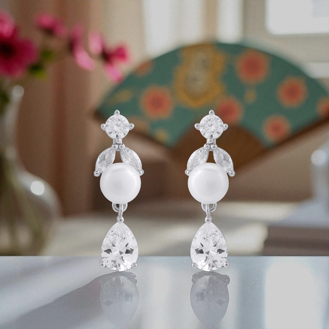 925 Sterling Silver Crystal-Embellished Pearl Drop Earrings for Women