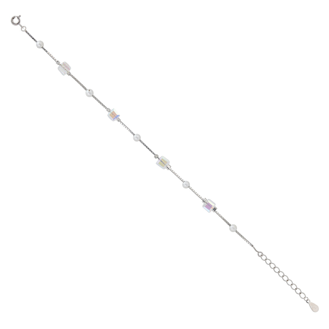 925 Sterling Silver Crystal Cube &amp; Pearl Chain Bracelet For Women