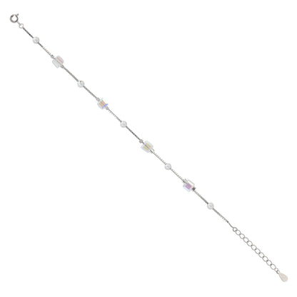 925 Sterling Silver Crystal Cube &amp; Pearl Chain Bracelet For Women