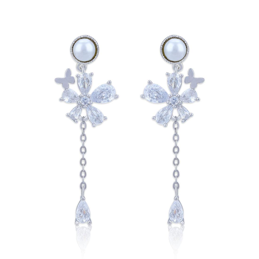 925 Sterling Silver Crystal Flower with Pearl Stud and Dangling Teardrop Earring for Women