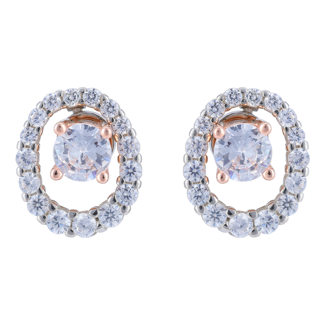925 Sterling Silver Crystal Oval Solitaire Stone Dual Tone Plated Earrings For Women