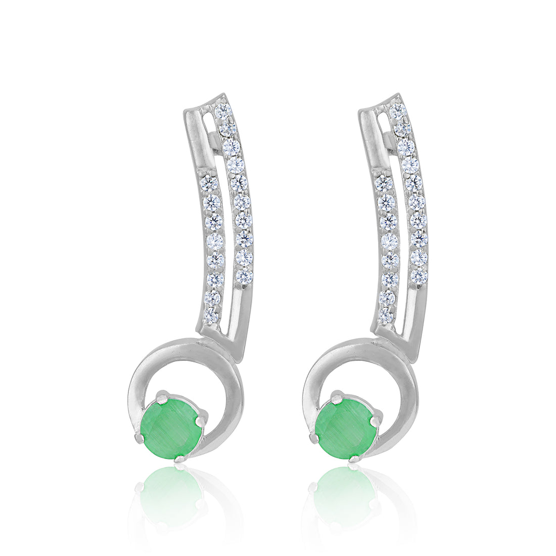 925 Sterling Silver Curved Bar Green Stone Rhodium Plated Earrings for Women