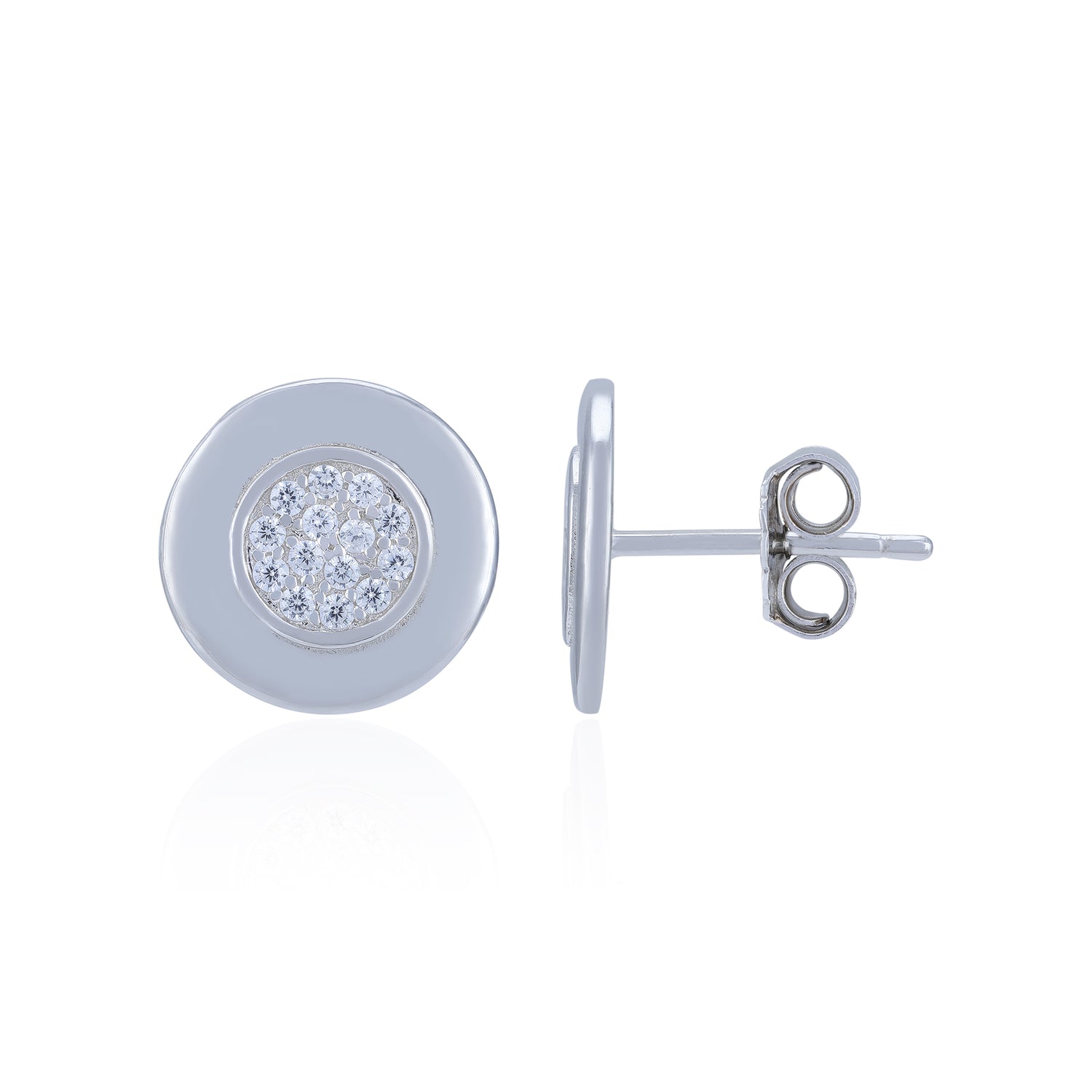 Silver earrings with circular design on a white background