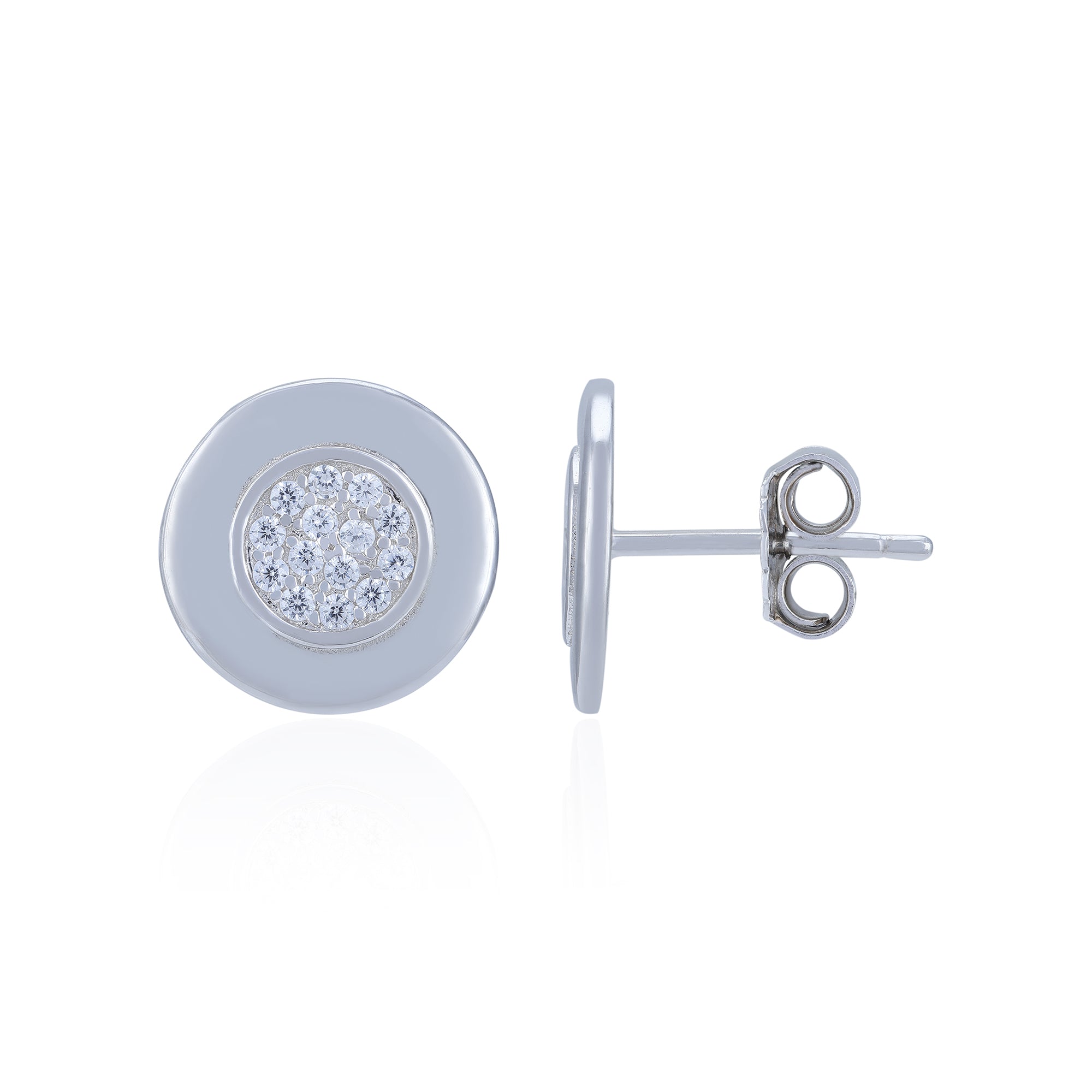 Silver earrings with circular design on a white background