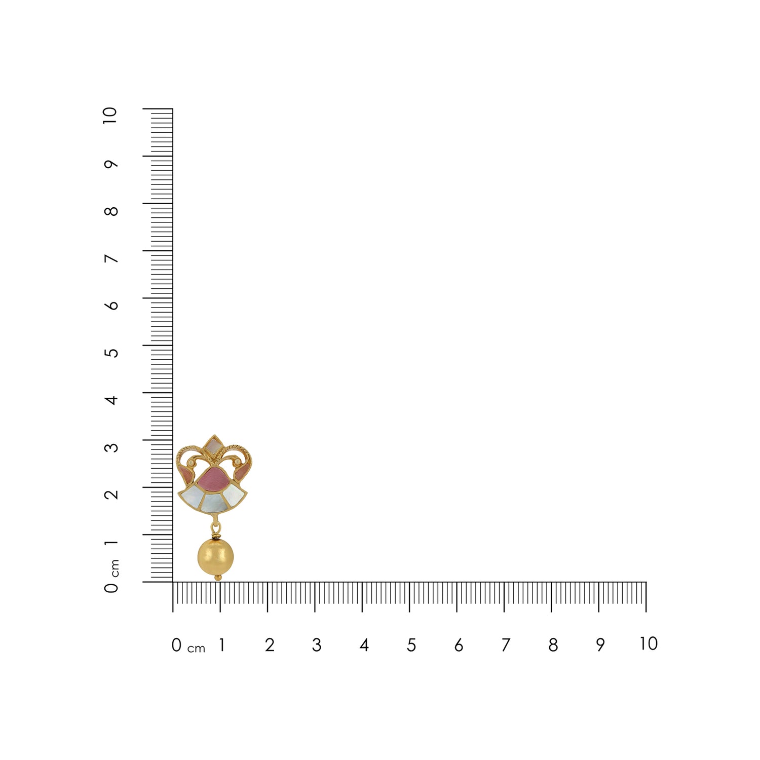 Gold earring with a pink gemstone next to a ruler on a white background