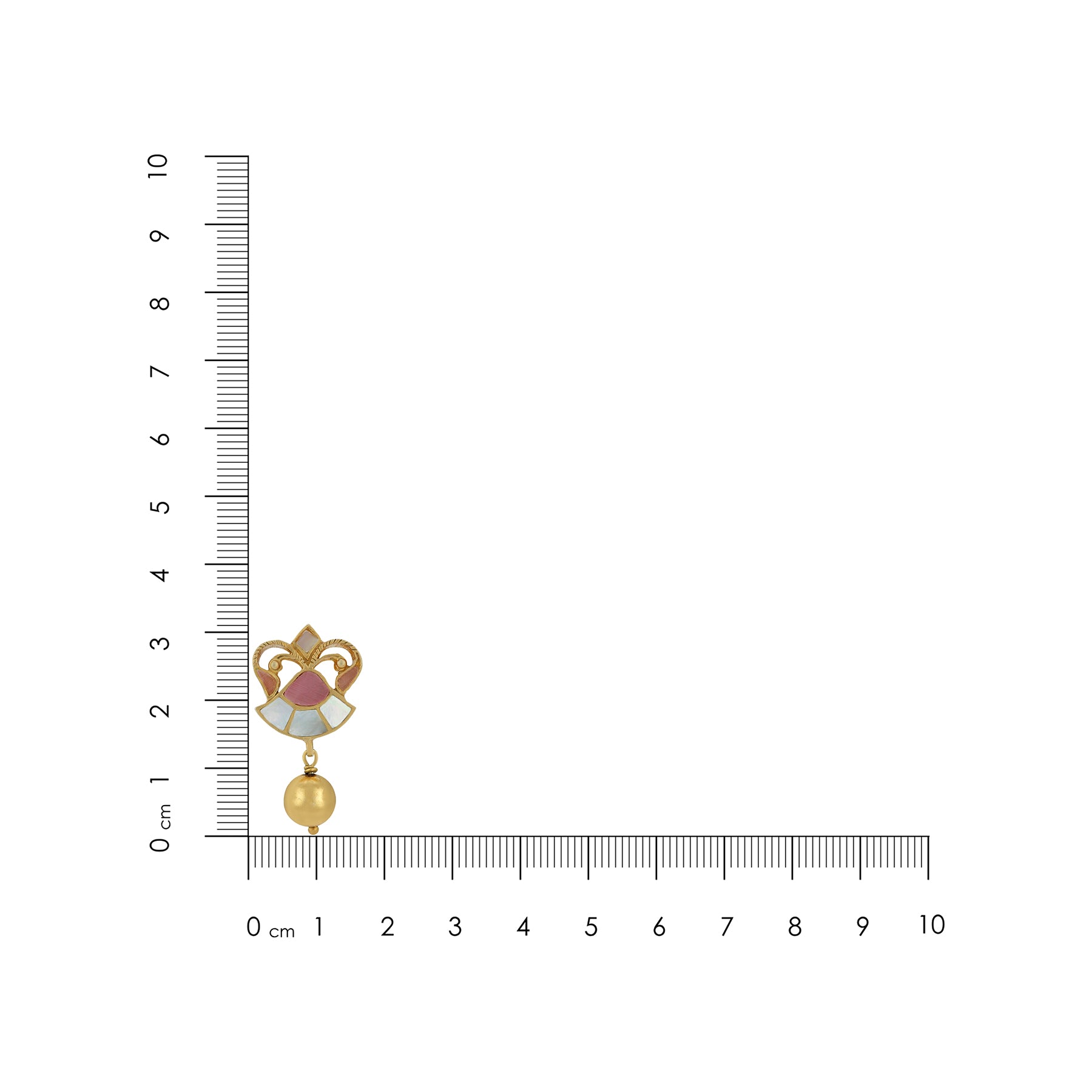 Gold earring with a pink gemstone next to a ruler on a white background