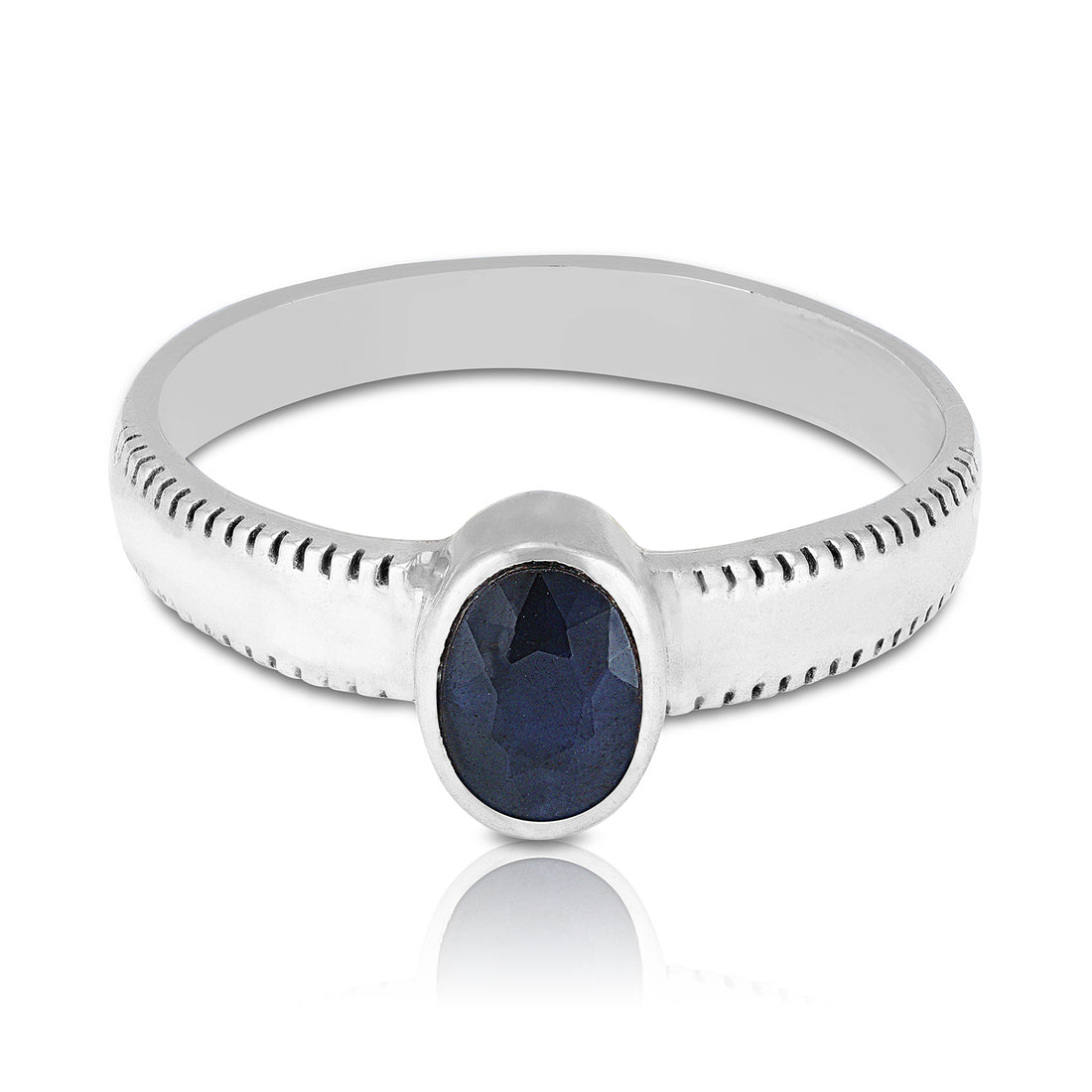 925 Sterling Silver Deep Blue Oval Sapphire Subtle Bead-Trimmed Band Ring for Men