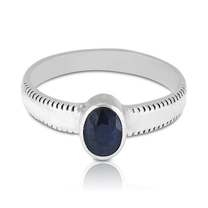925 Sterling Silver Deep Blue Oval Sapphire Subtle Bead-Trimmed Band Ring for Men