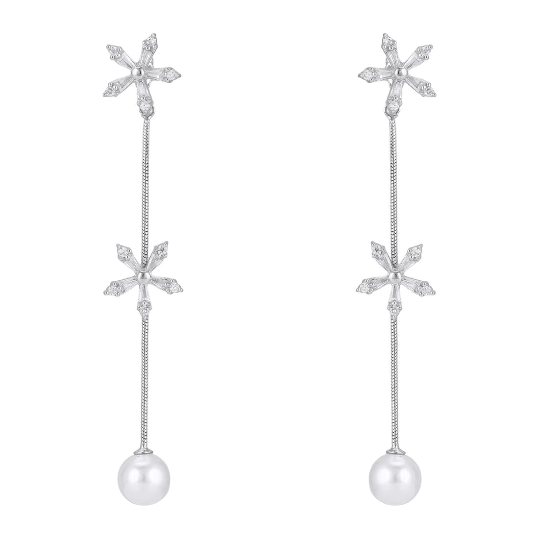 925 Sterling Silver Delicate Frosted Star Pearl Hanging Slim Bar Design Earrings for Women