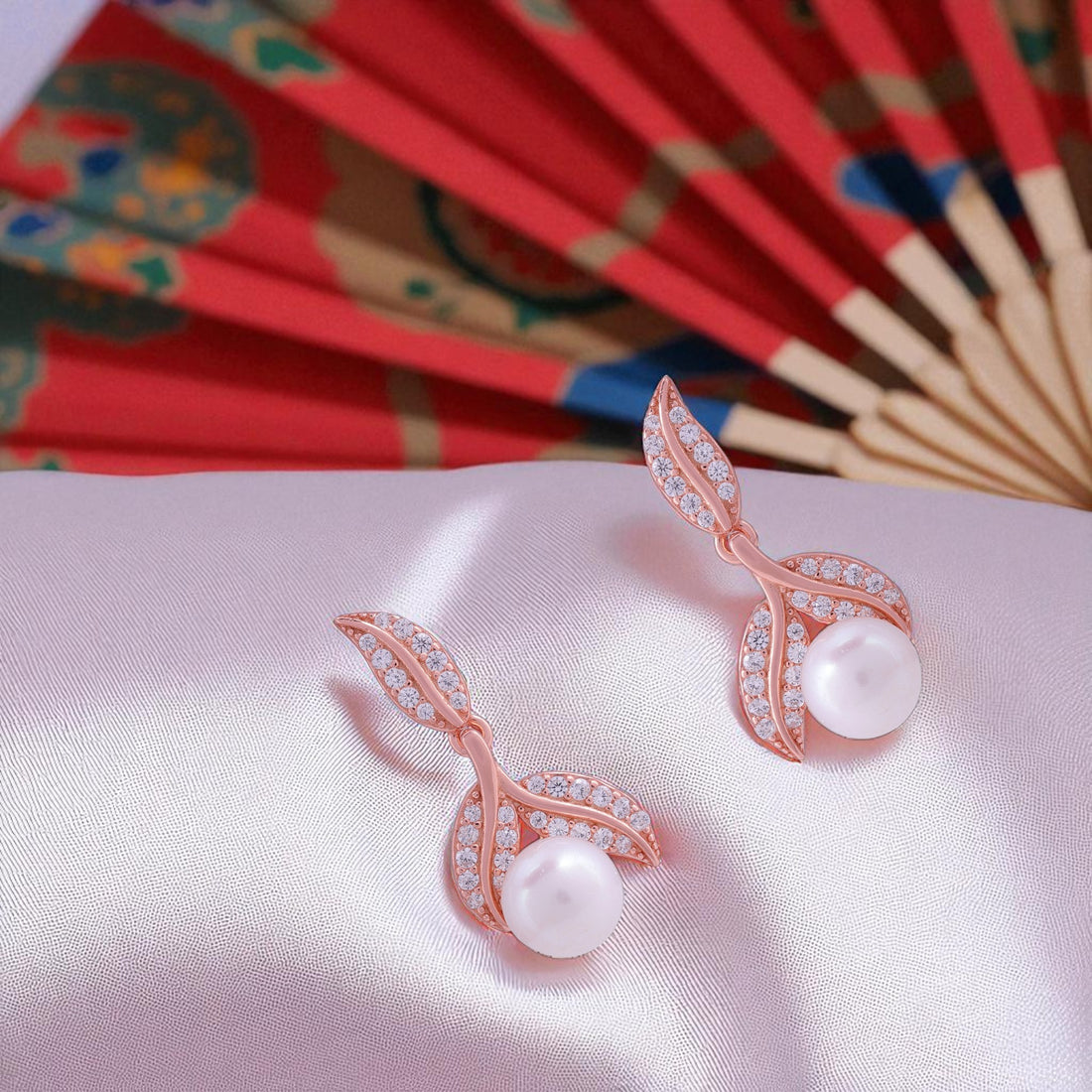 925 Sterling Silver Delicate Leaf Motif Rose Gold Centered Pearl Earrings for Women