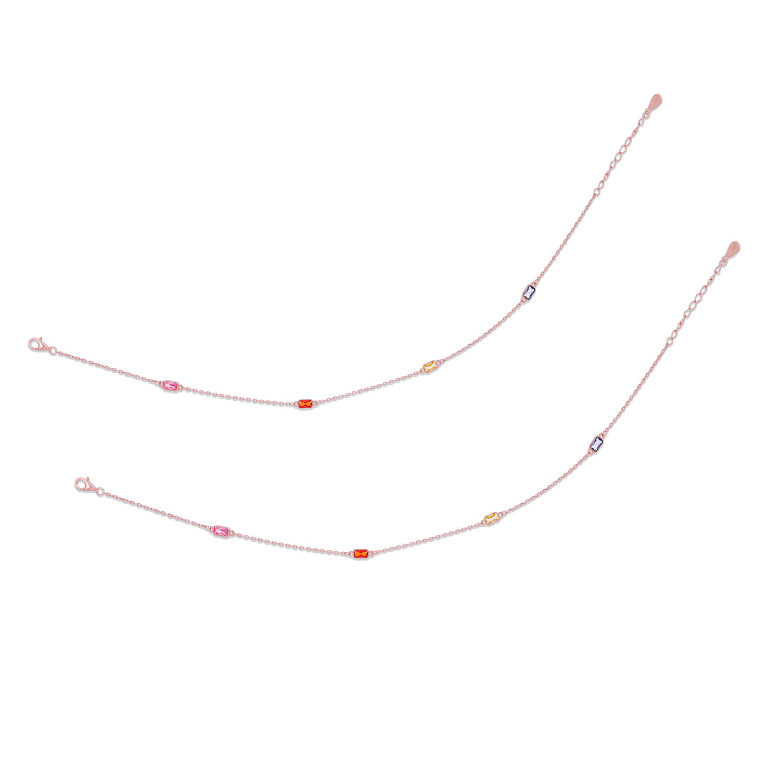 925 Sterling Silver Delicate Rose Gold Multicolor Stones Chain Anklets for Women