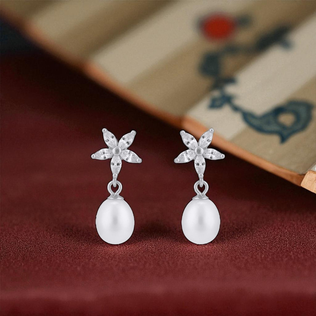 925 Sterling Silver Delicate Star-Flower Classic Pearl Dangle Earrings for Women
