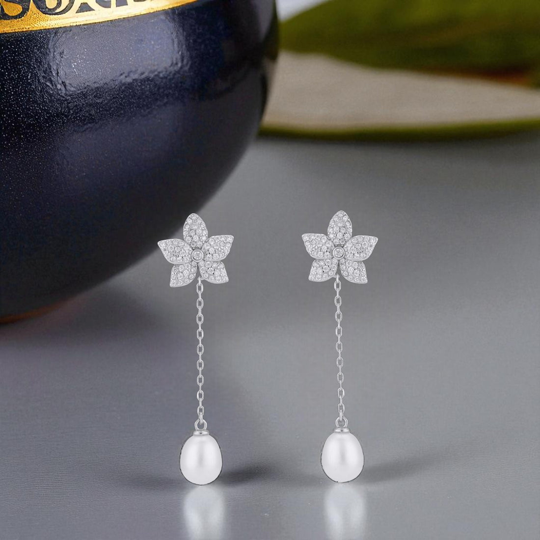 925 Sterling Silver Delicate Star Chain Link Pearl Drop Earrings for Women