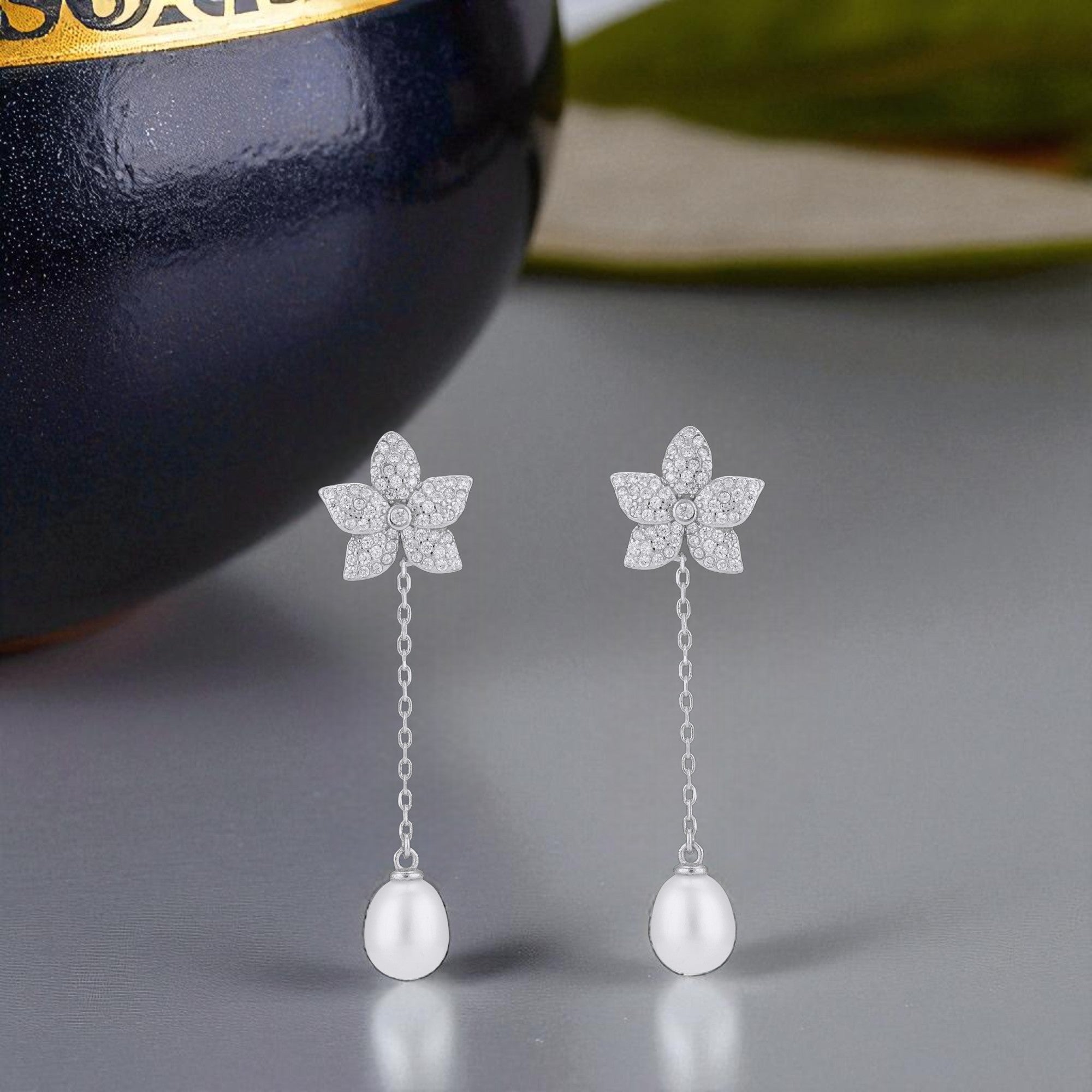 925 Sterling Silver Delicate Star Chain Link Pearl Drop Earrings for Women
