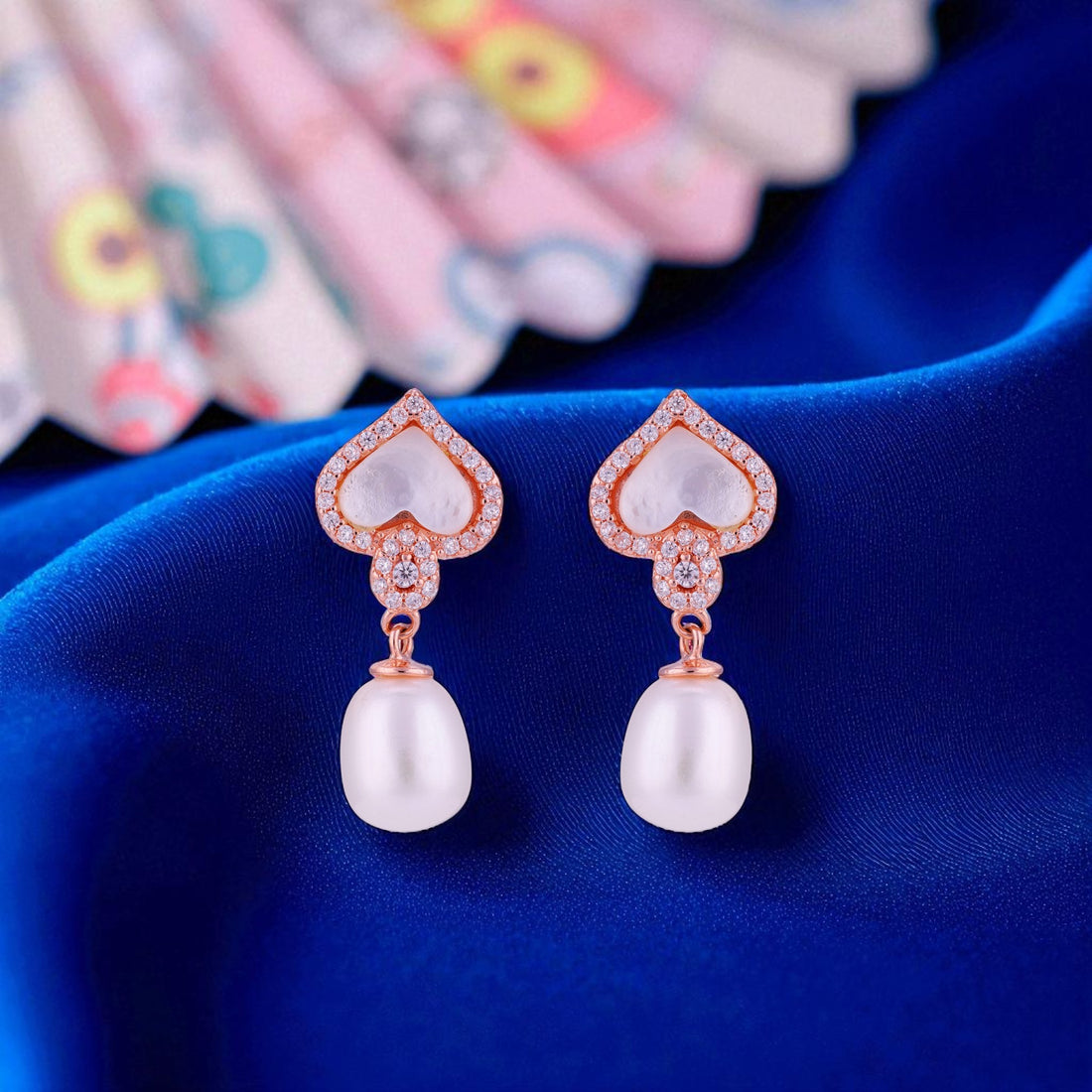 925 Sterling Silver Diamond Outline Heart Top Glossy Pearl Drop for Women