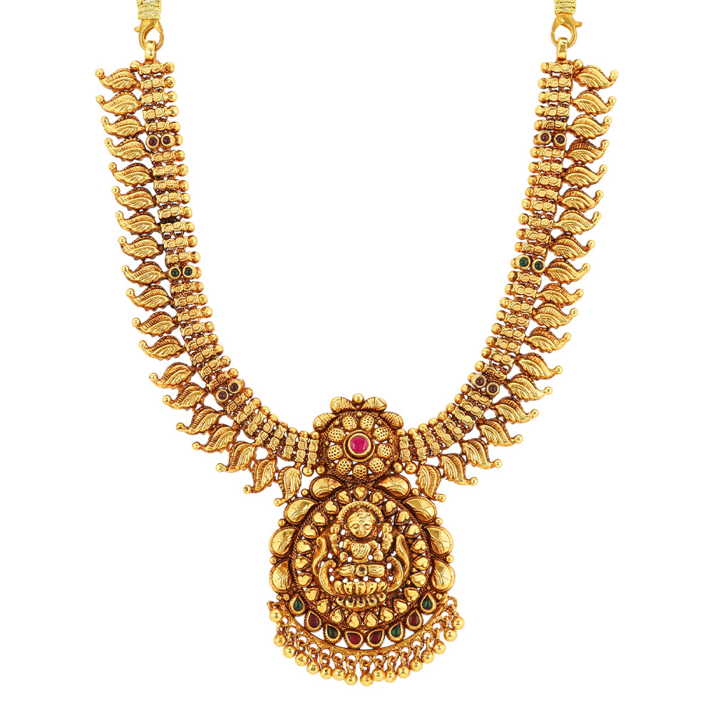 925 Sterling Silver Divine Lakshmi Gold Plated Leaves Sides Necklace For Women