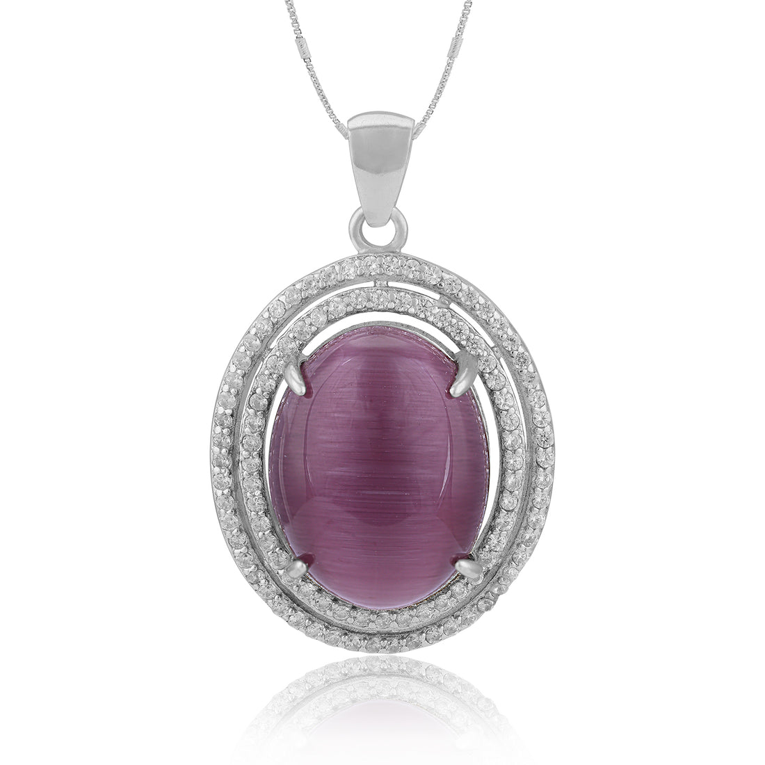 925 Sterling Silver Double Halo Pink Onyx  Eye Oval Stone Pendant for Women
