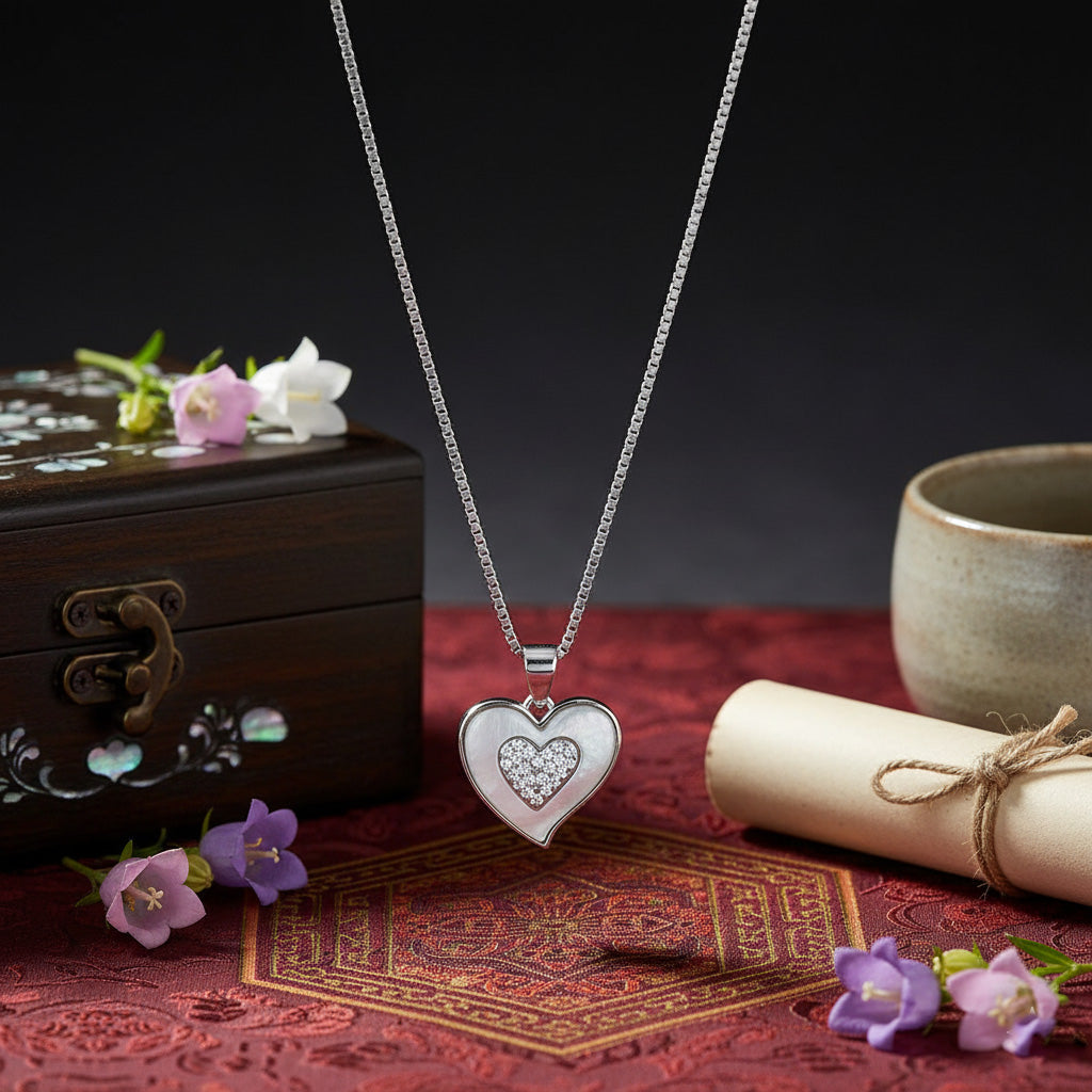 Silver heart-shaped pendant necklace on a dark background with decorative elements.