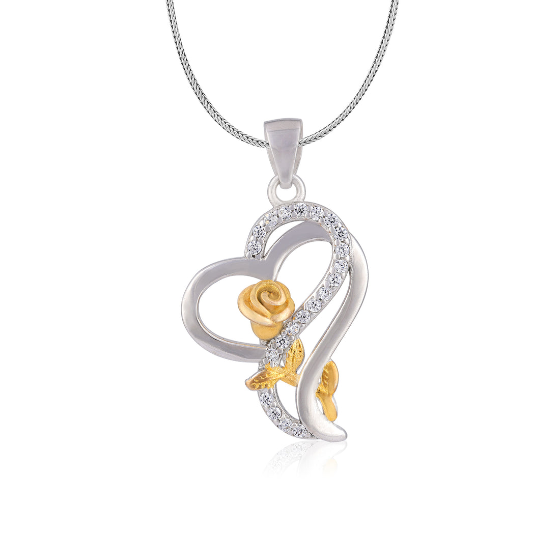 925 Sterling Silver Double Layered Heart Golden Rose Dual Tone Pendant for Women