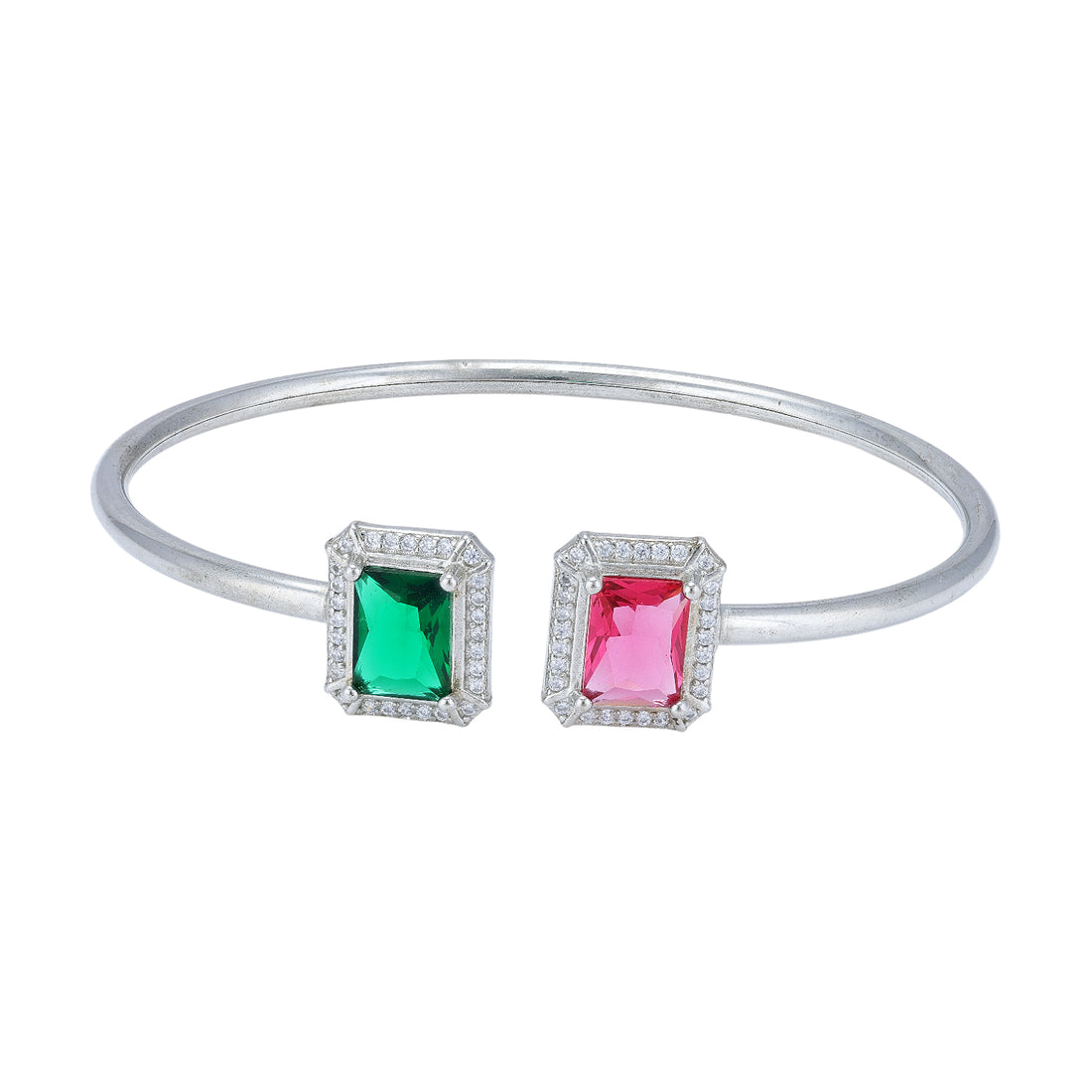 925 Sterling Silver Dual Emerald-Cut Pink Stone Rhodium Plated Open Bracelet for Women