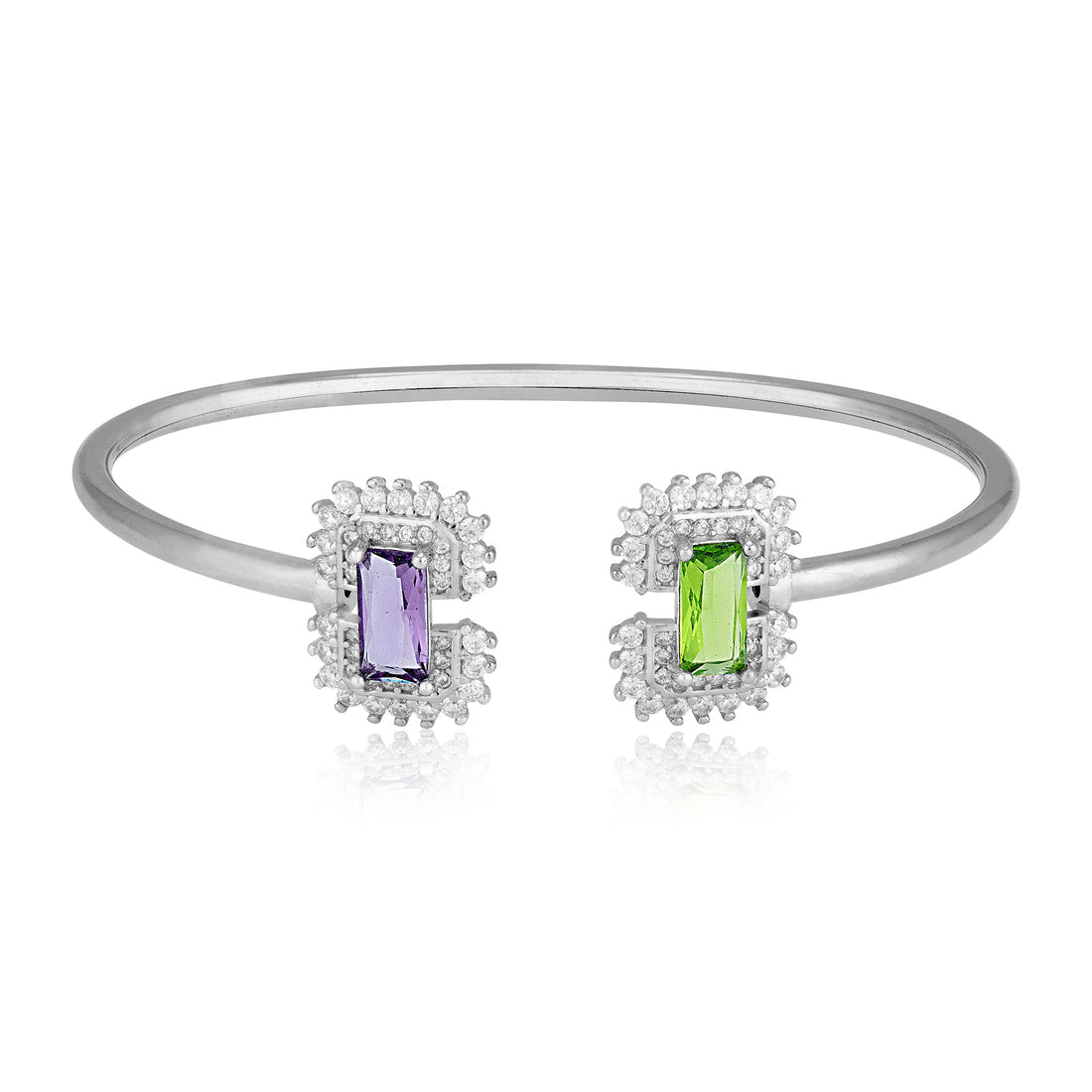 925 Sterling Silver Dual Emerald Cut Open Amethyst Peridot Accents Bracelet for Women