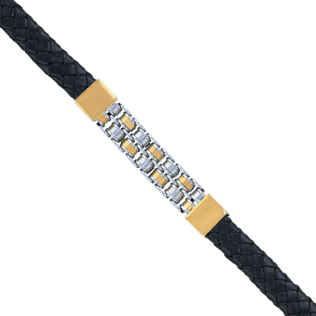 925 Sterling Silver Dual Tone Grid Link Jet Black Leather Weave Bracelet for Men