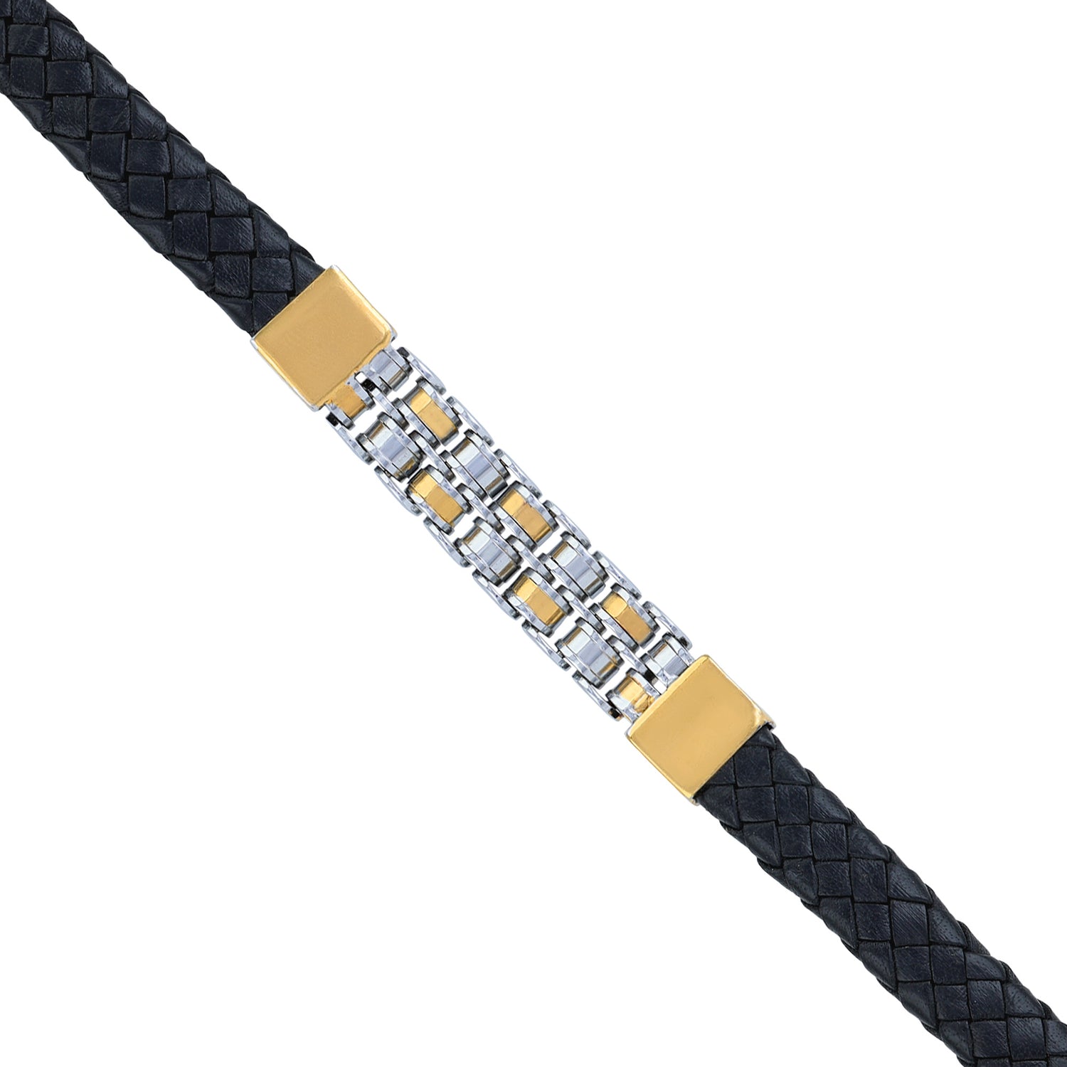 925 Sterling Silver Dual Tone Grid Link Jet Black Leather Weave Bracelet for Men