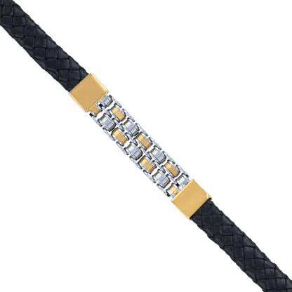 925 Sterling Silver Dual Tone Grid Link Jet Black Leather Weave Bracelet for Men