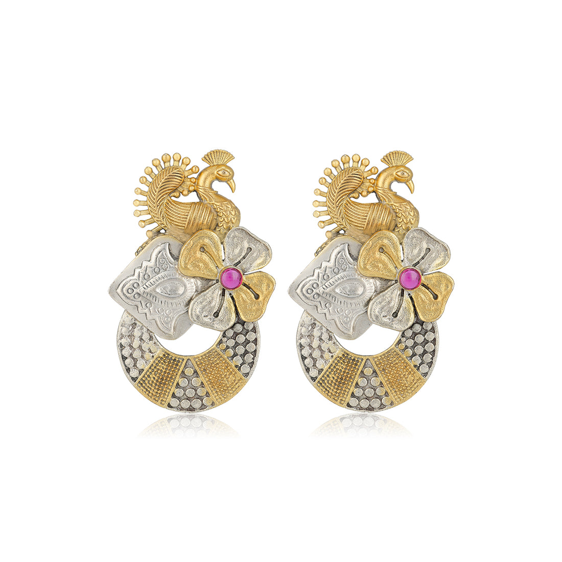 925 Sterling Silver Dual Tone Peacock Center Pink Flower Earrings for Women