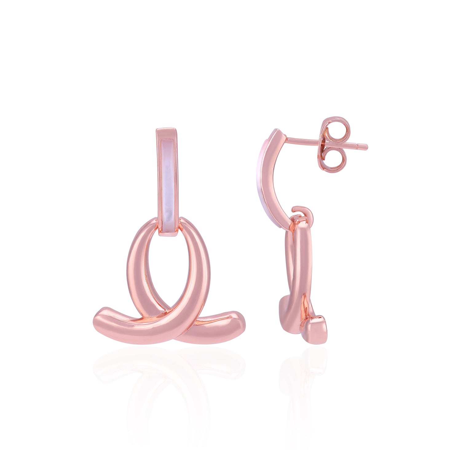 Rose gold hoop earrings on a white background