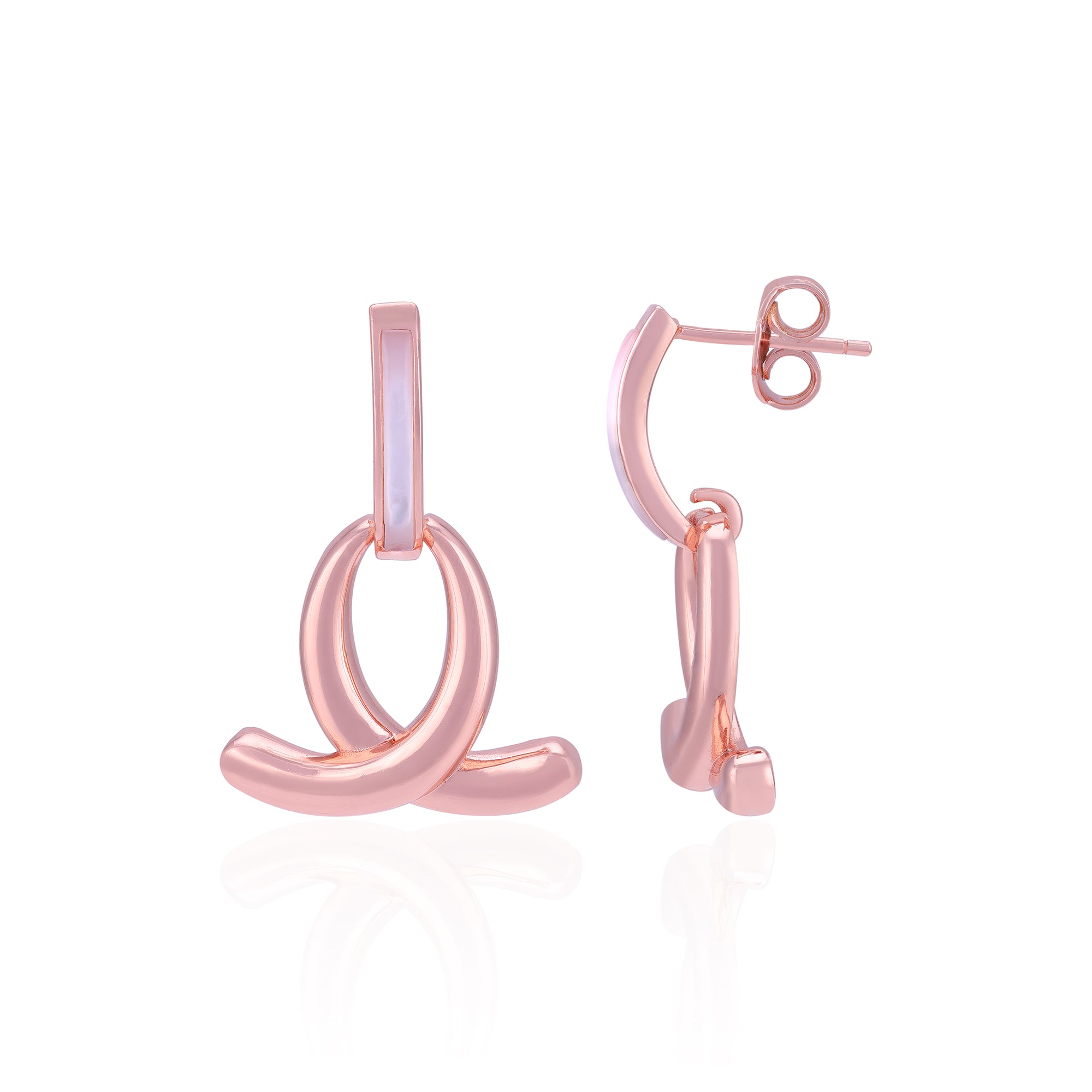Rose gold hoop earrings on a white background