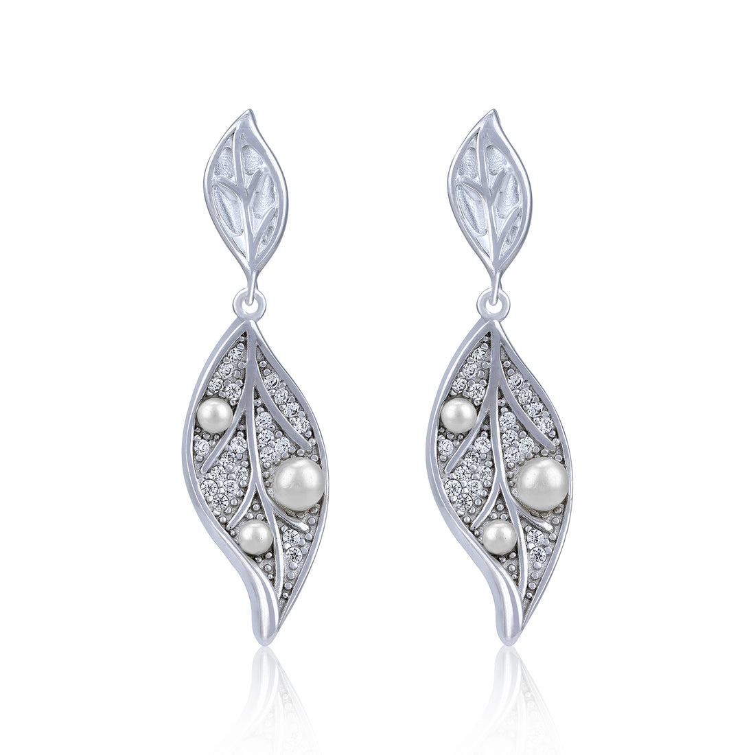 925 Sterling Silver Elegant Leaf-Shaped Dangling Pearl Earring for Women