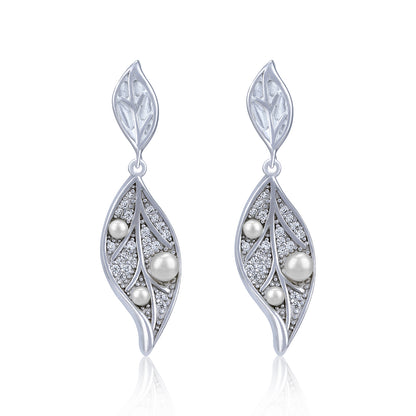 925 Sterling Silver Elegant Leaf-Shaped Dangling Pearl Earring for Women