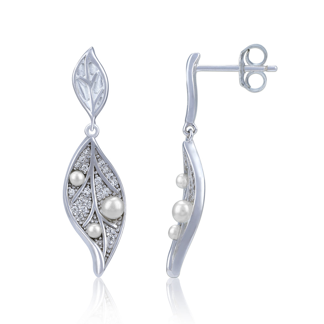 925 Sterling Silver Elegant Leaf-Shaped Dangling Pearl Earring for Women
