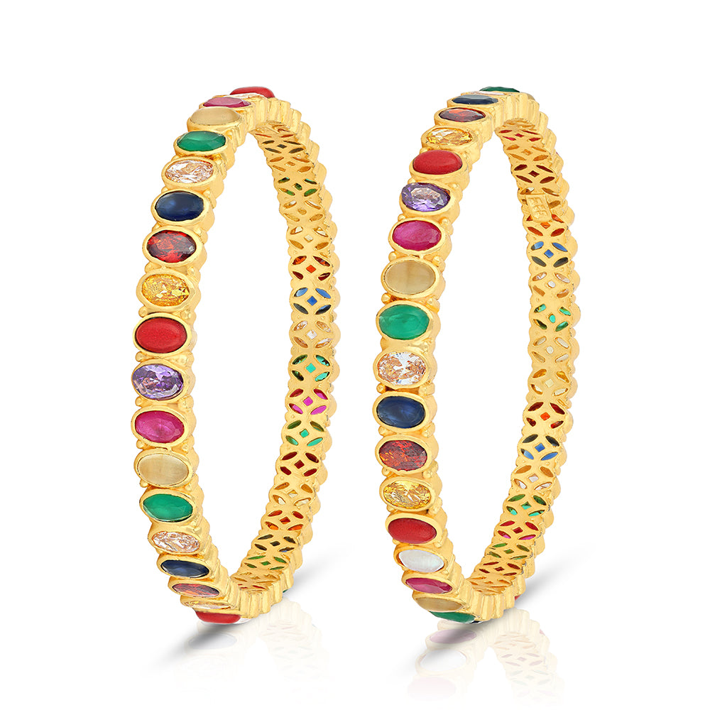 925 Sterling Silver Elegant Ovate Navratna Bangle for Women