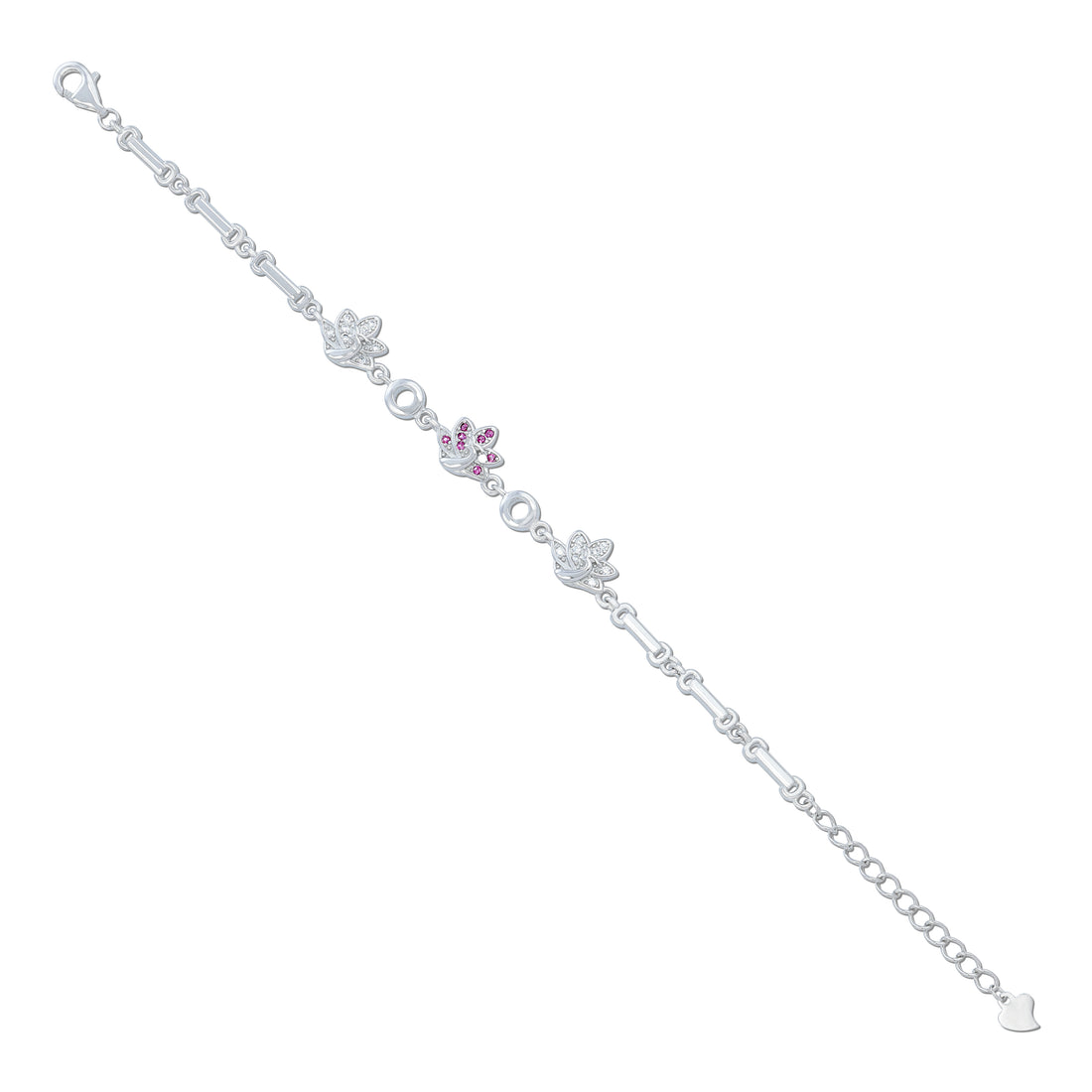 925 Sterling Silver Elegant Pink Flower and Leaf Link Bracelet for Women