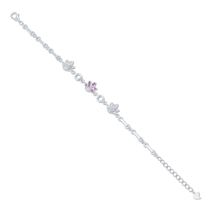 925 Sterling Silver Elegant Pink Flower and Leaf Link Bracelet for Women