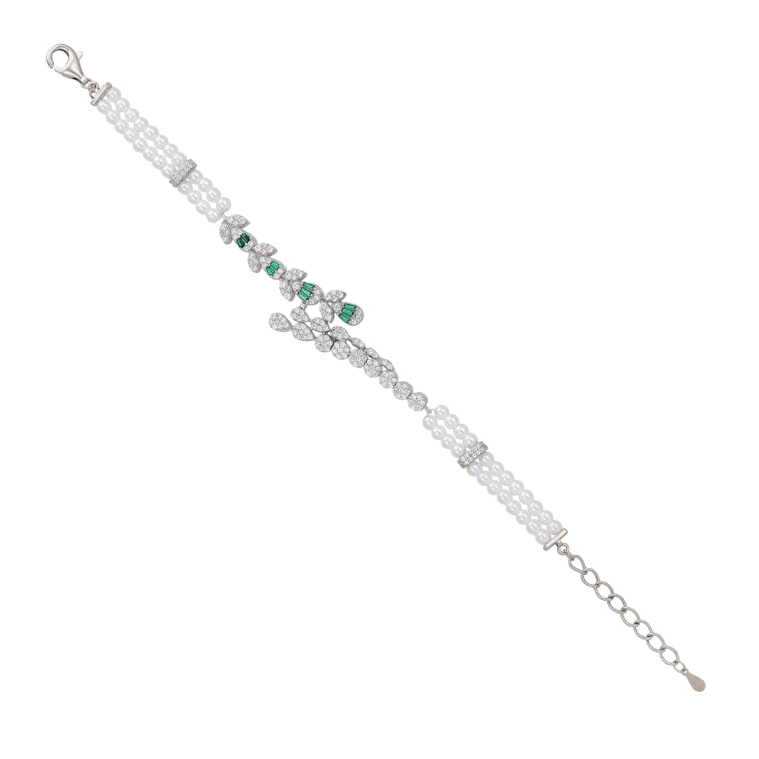 925 Sterling Silver Emerald Bloom Floral Pearl Bracelet For Women