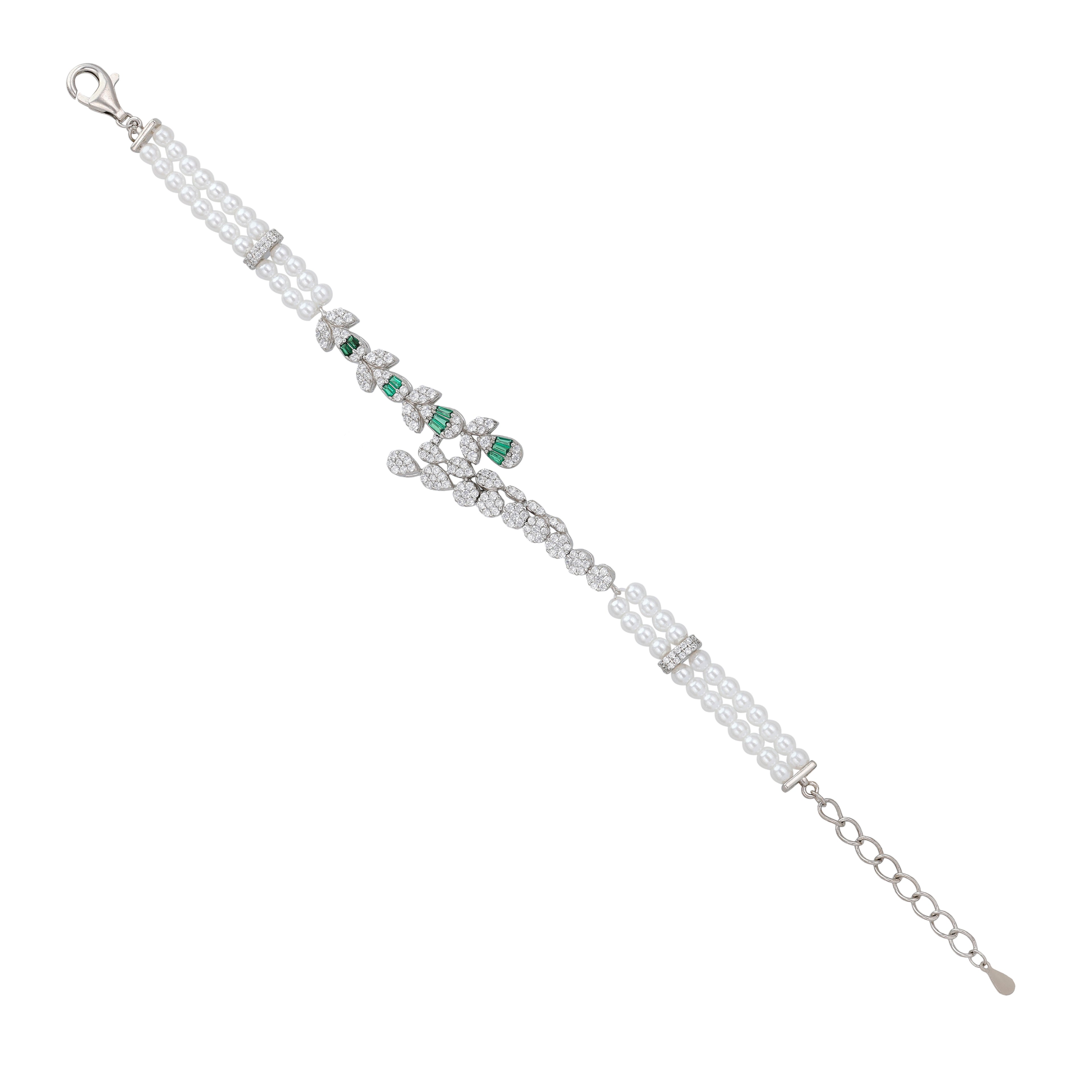 925 Sterling Silver Emerald Bloom Floral Pearl Bracelet For Women