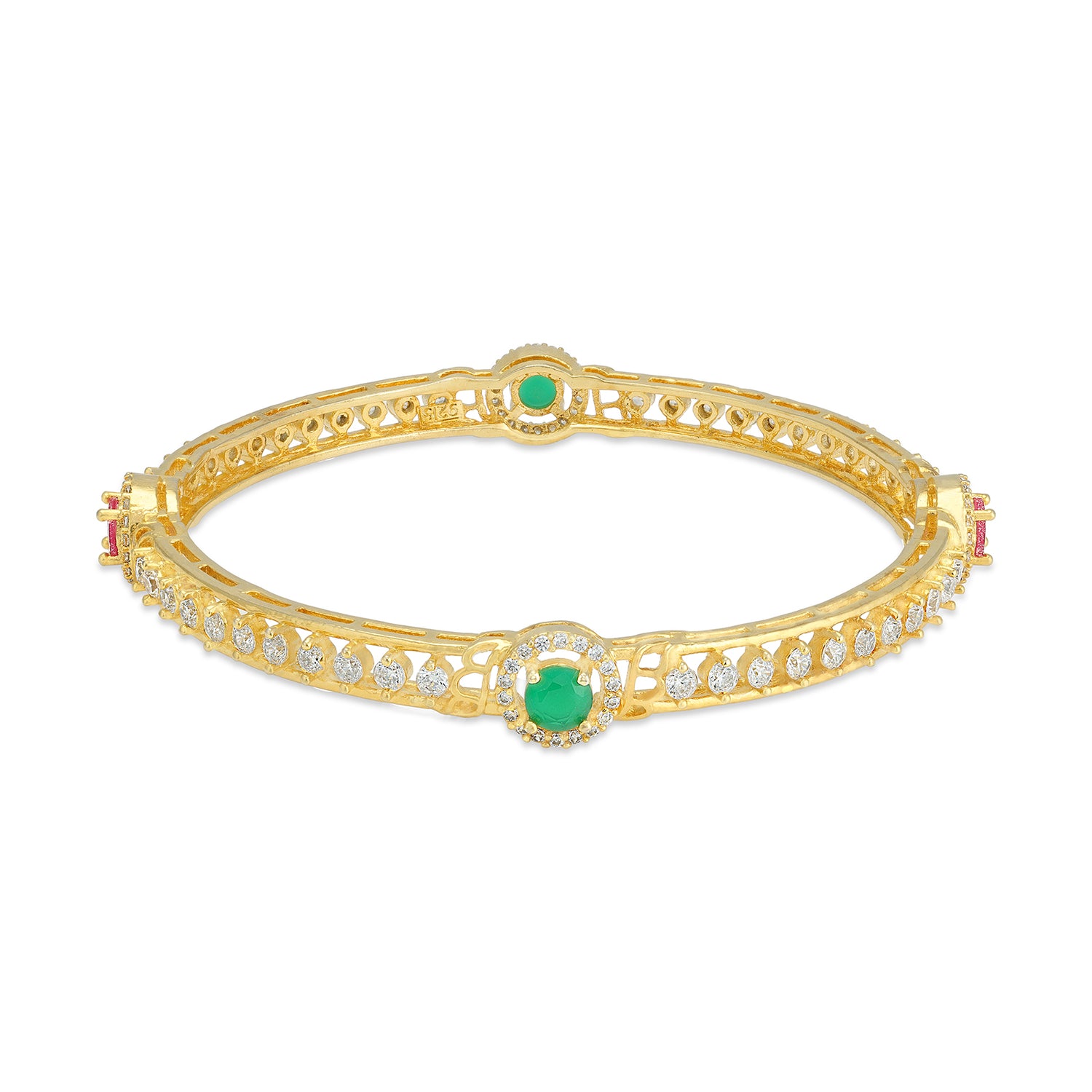 925 Sterling Silver Emerald Center Traditional Gold Plated Bangle for Women