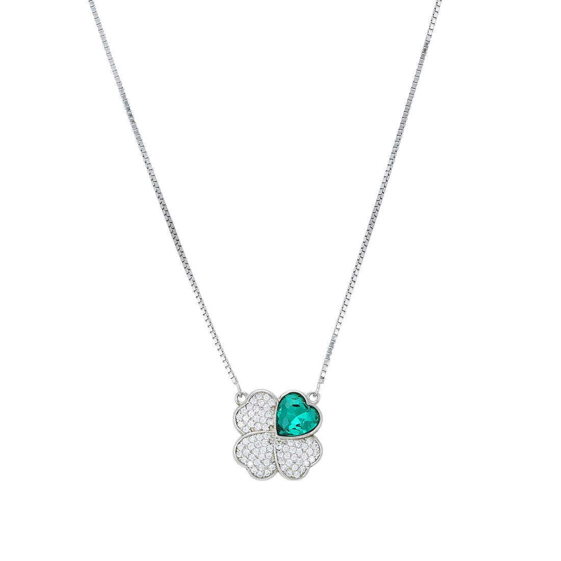 925 Sterling Silver Emerald Heart Clover Asymmetrical Petal Chain Pendant for Women