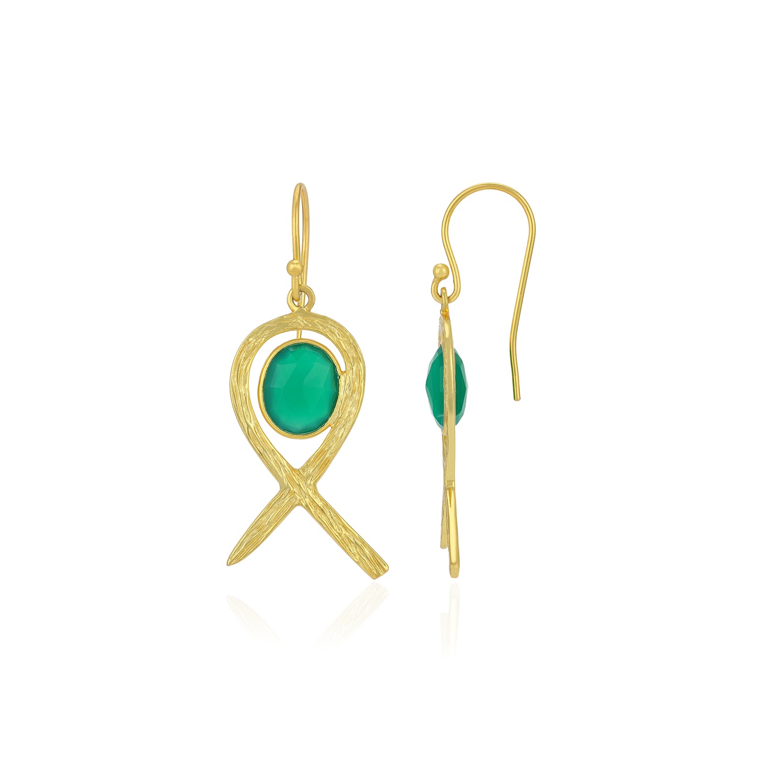 Gold earrings with green stones on a white background