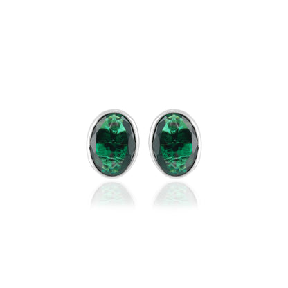 925 Sterling Silver Emerald Oval Cut Rhodium Plated Stud for Women