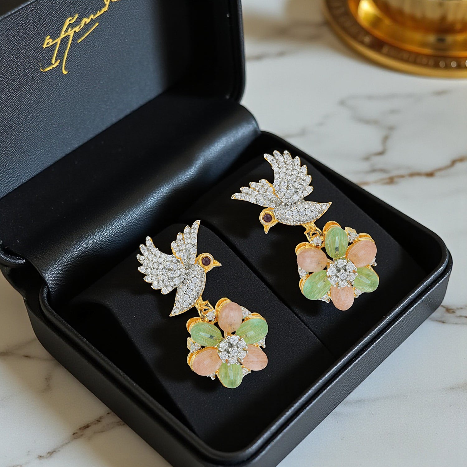 925 Sterling Silver Emerald Rose Petal Bird Drop Earring for Women