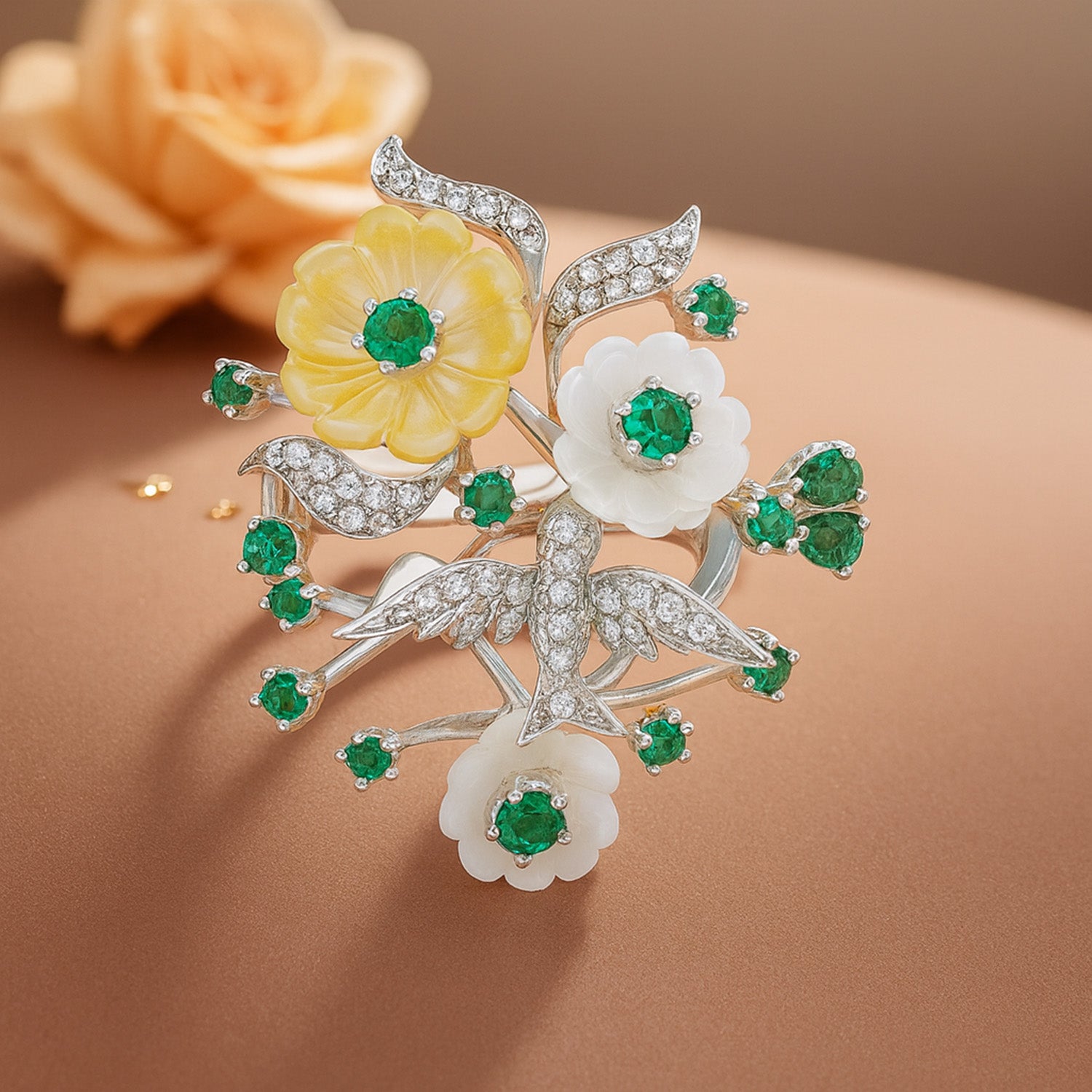 925 Sterling Silver Emerald Wing Floral Duo Ring For Women