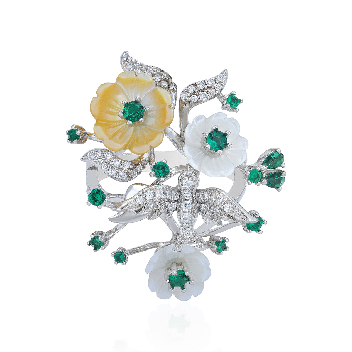 925 Sterling Silver Emerald Wing Floral Duo Ring For Women