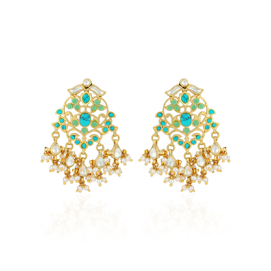 Pair of gold earrings with turquoise and green stones on a white background