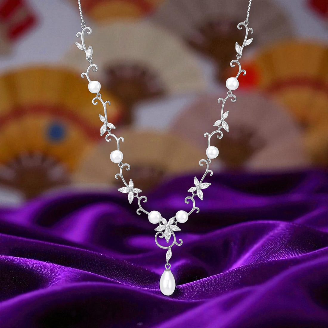 925 Sterling Silver Fairy Whirl Pearl Crystal Blooms Whimsical Curves Necklace for Women