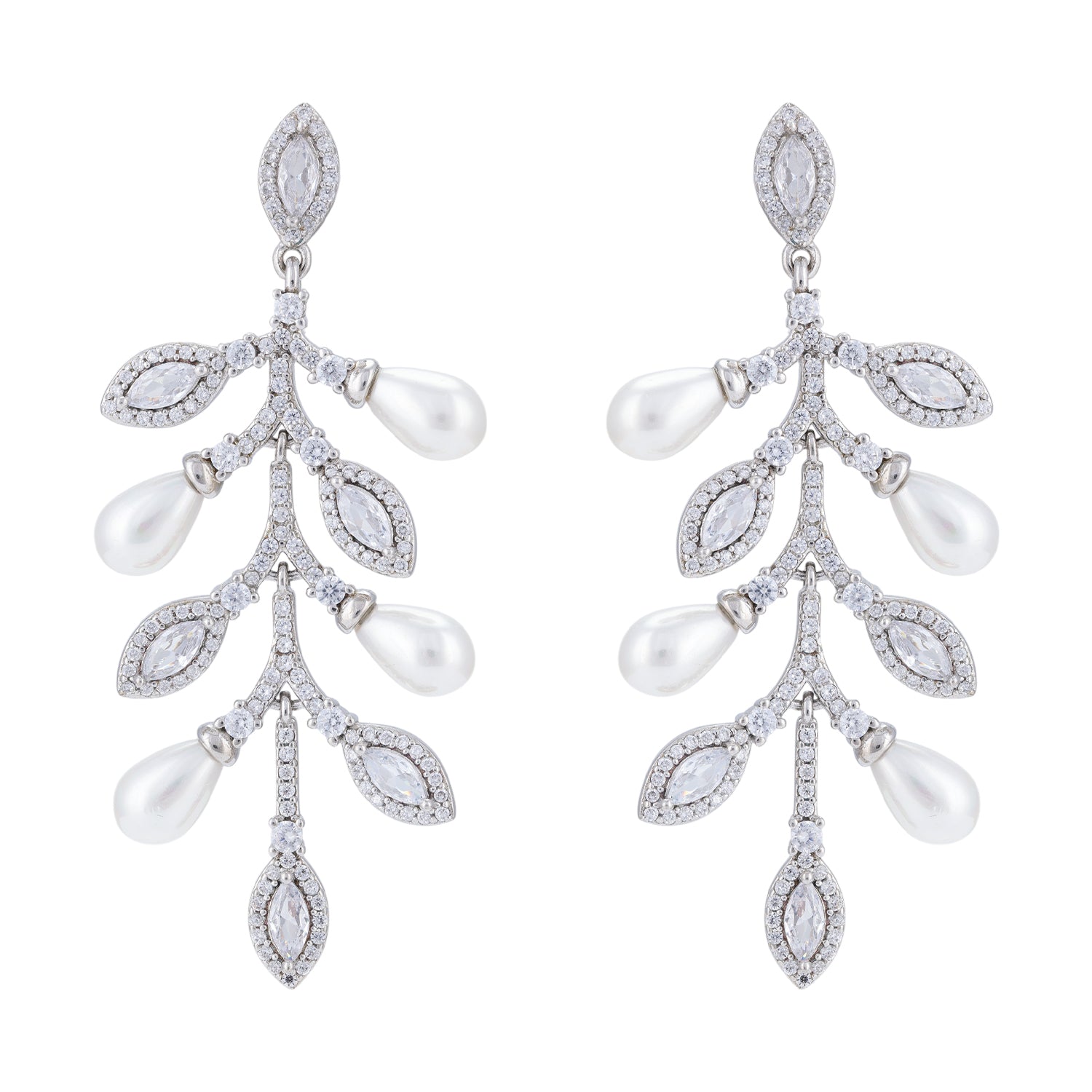 925 Sterling Silver Falling Petals Stone Pearl Rhodium Plated Earrings For Women
